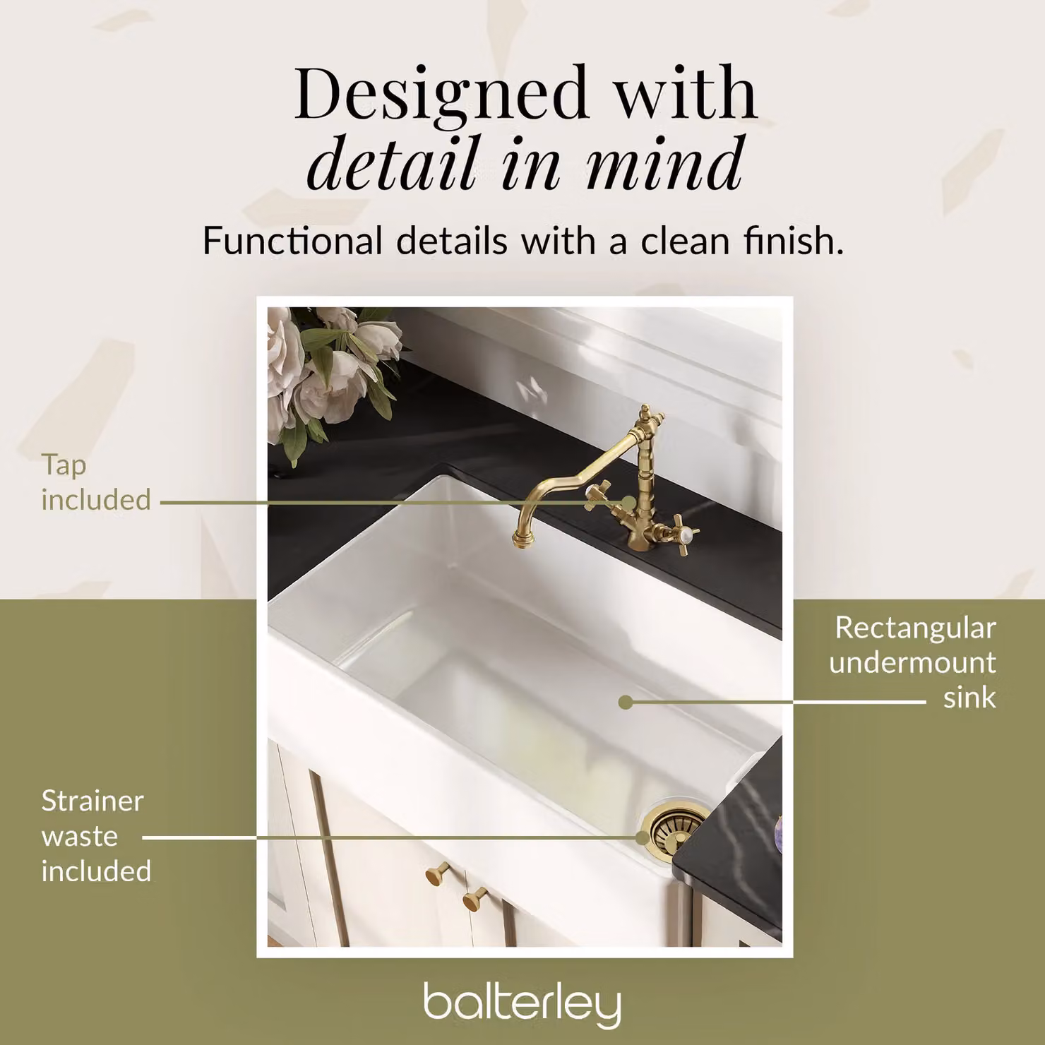 Balterley White Ceramic 1 Bowl Belfast Sink with Brushed Brass Strainer Waste and Tap, W: 795 mm – 4