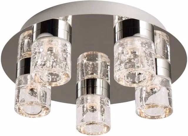 Endon Imperial 5 Light Round Bathroom Flush Ceiling Light in Chrome with Grey Glass Bubbles, IP44