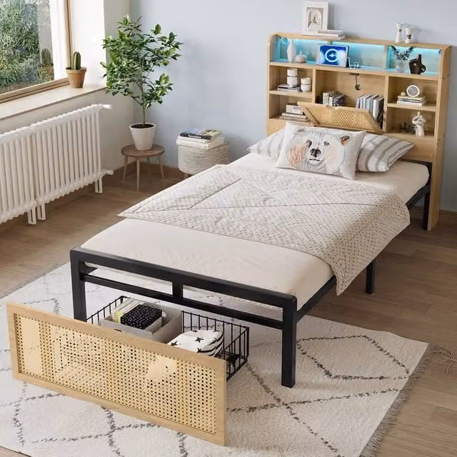 Matteo Wooden Single Bed with Smart Headboard, LED, USB Charging Port and Rattan Storage Drawers in Sand/Beige, W/D/H: 90 x 190 x 104.5 cm – 1