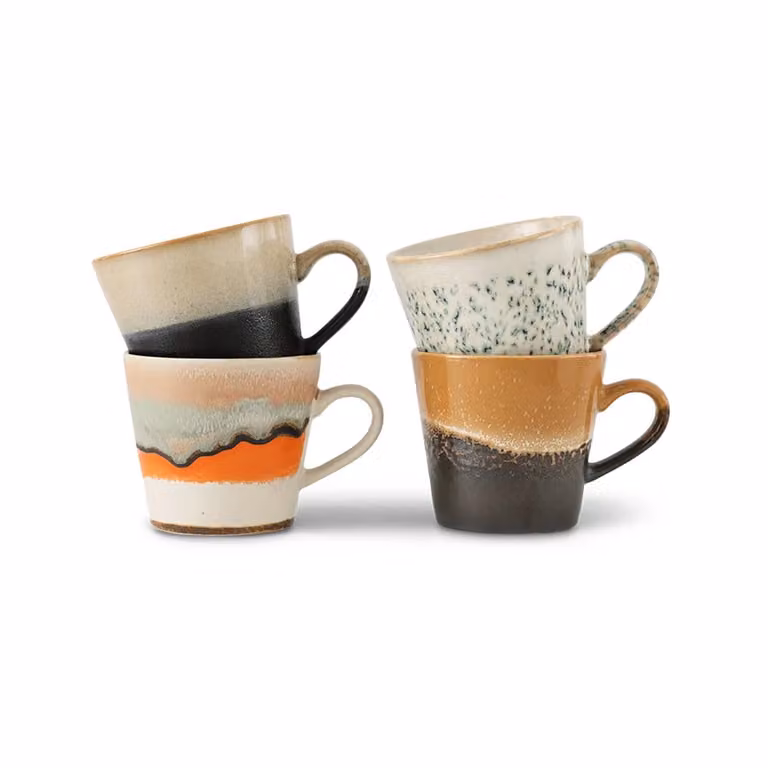 HKLIVING Verve 70s Ceramic Cappuccino Mugs, Multicolour, Set of 4