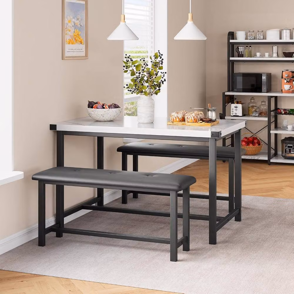 London Boutique 3-Piece Dining Set with Rectangular Table and 2 Upholstered Benches in White – 2