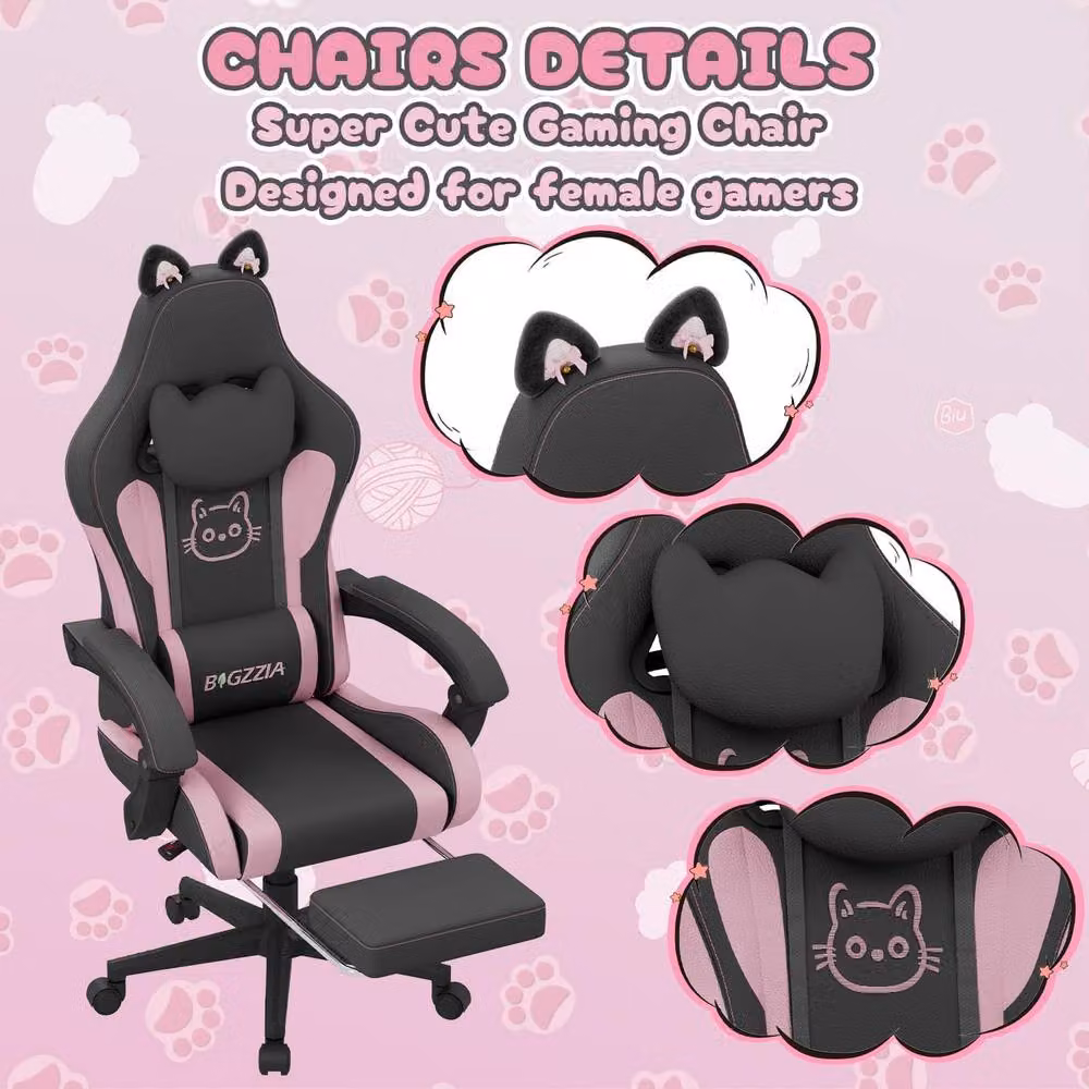 Gartistgo Gaming Chair with Cat Ears, Massage Lumbar Support and Footrest in Black Faux Leather – 5