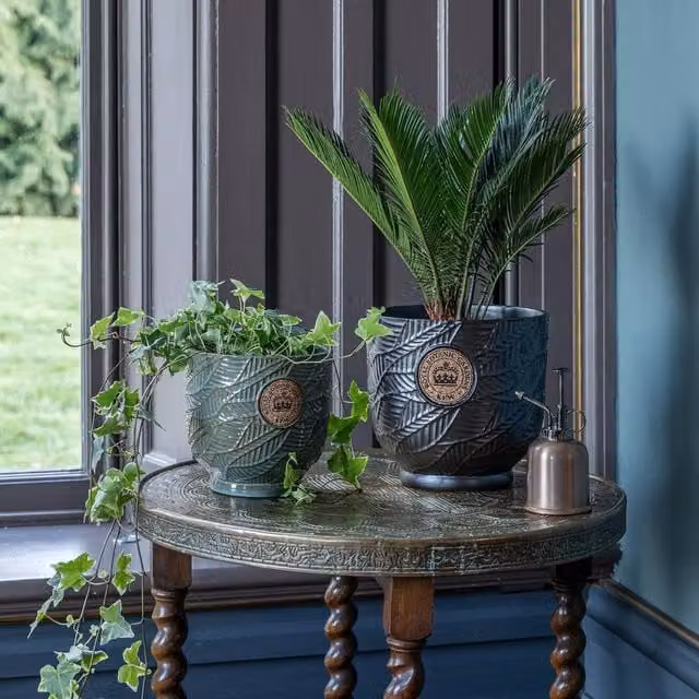 Ivyline Kew Leaf Embossed Charcoal Cork Plant Pot in Grey, Medium, H: 18 cm, D: 18 cm – 1