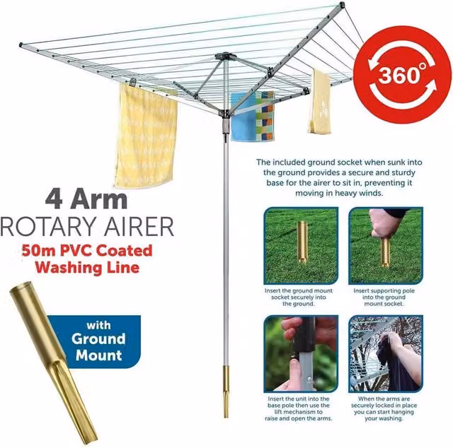 KORVIXA 4 Arm Rotary Outdoor Airer in Grey – 1