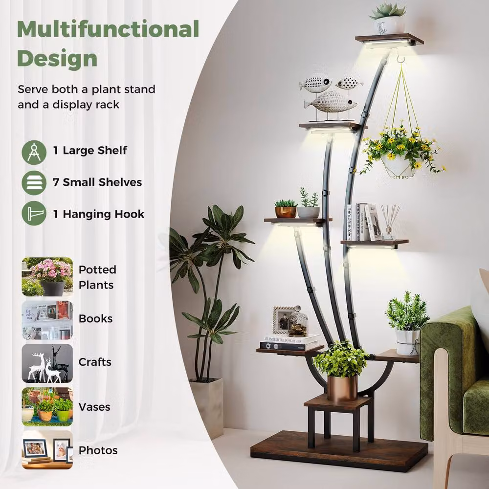 Gymax Modern Corner Metal Indoor Plant Stand with Integrated Grow Lights in Brown, Height: 155 cm – 4