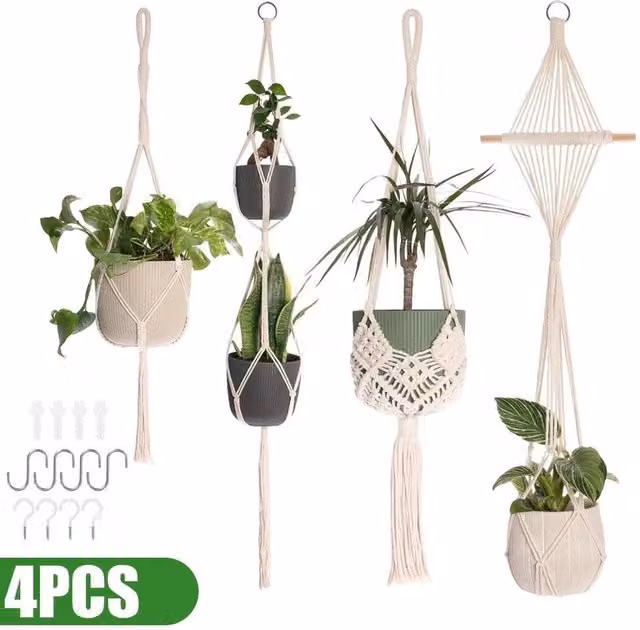 Kelvenix 4-Piece Boho Macrame Plant Hangers in Beige