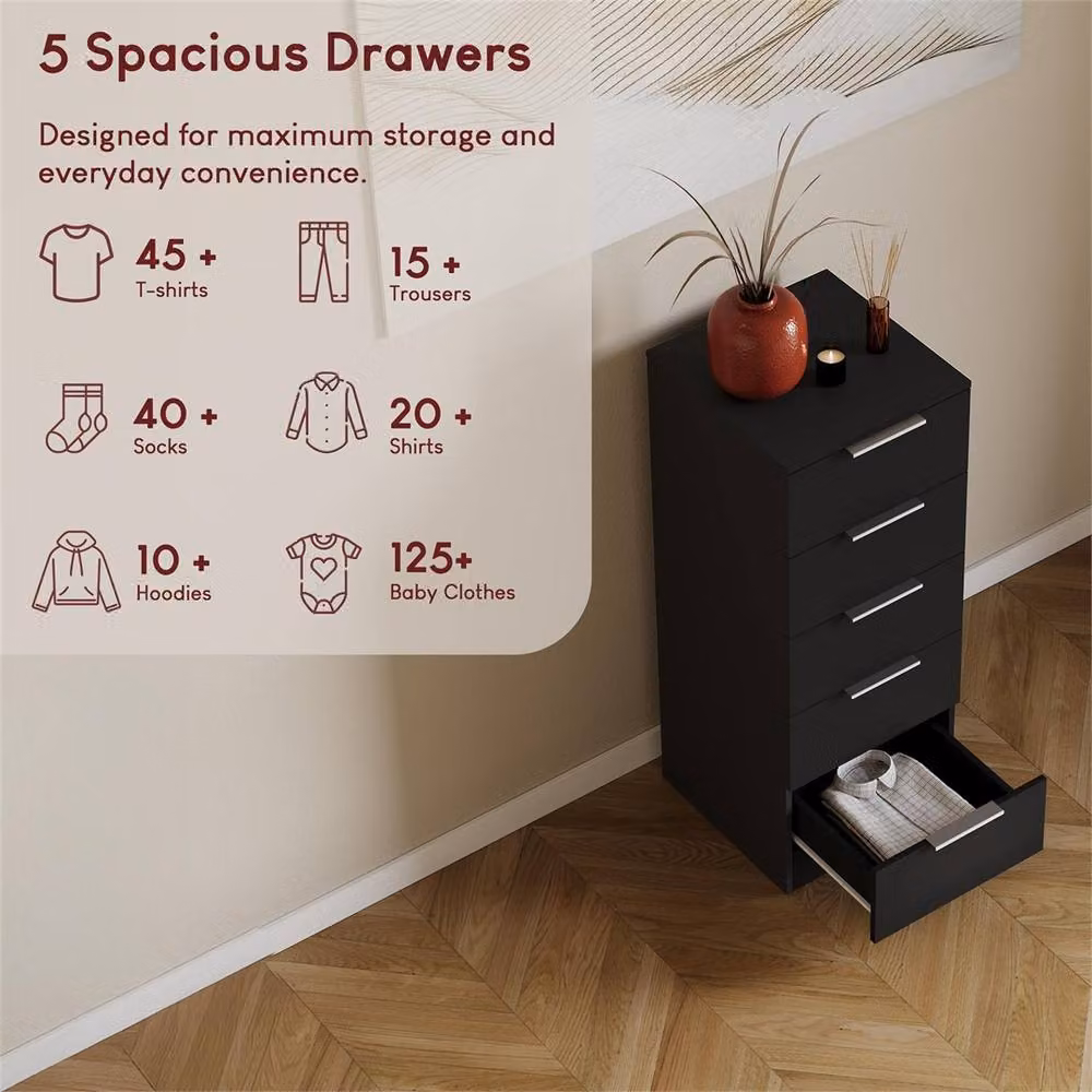 Kelvenix Modern Black 5 Drawer Narrow Bedroom Chest of Drawers – 3