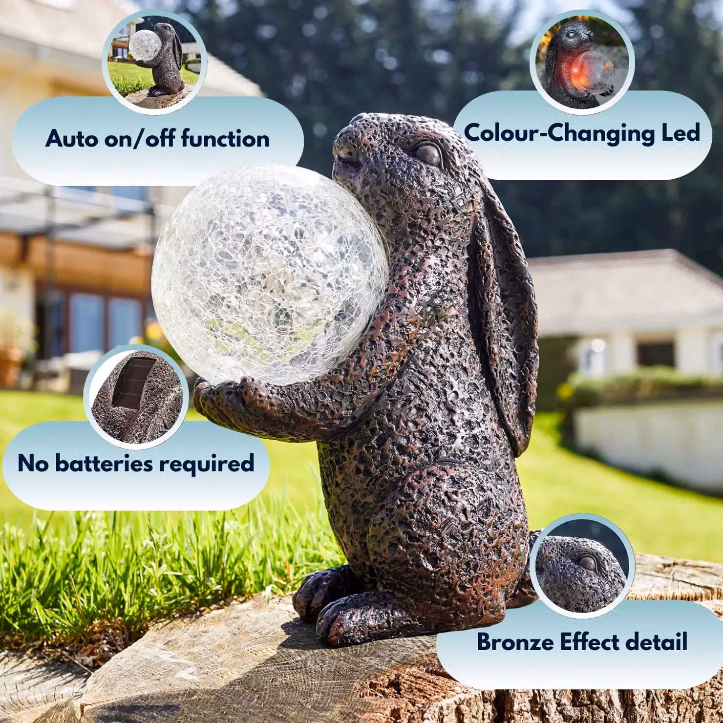 Marco Paul Bronze Solar Powered Rabbit Ornament with Crystal Ball, Height: 30 cm – 7