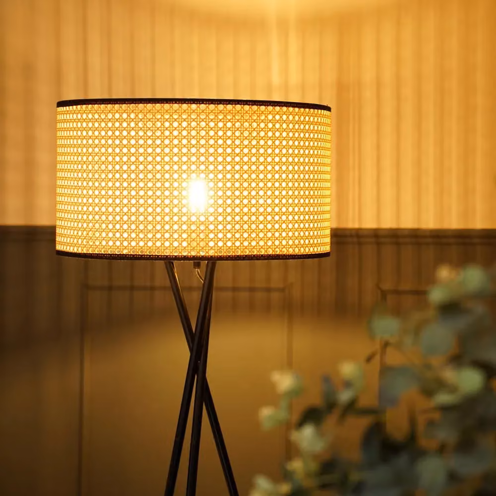 ValueLights Camden Black Tripod Floor Lamp with Natural Rattan Cylinder Shade – 2
