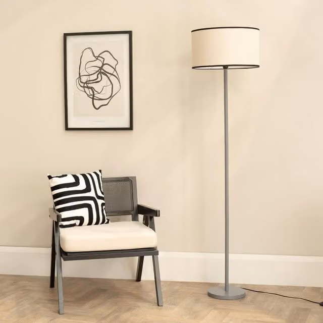 ValueLights Heather Grey Wood Single Stem Floor Lamp with Natural Fabric Drum Shade