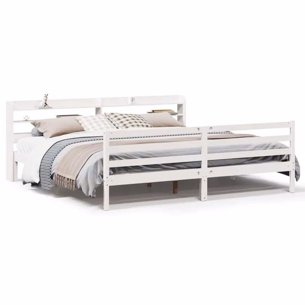 Berkfield Home White Rustic Pine Wood Bed Frame with Headboard and Side Compartments 200 x 200 cm – 2