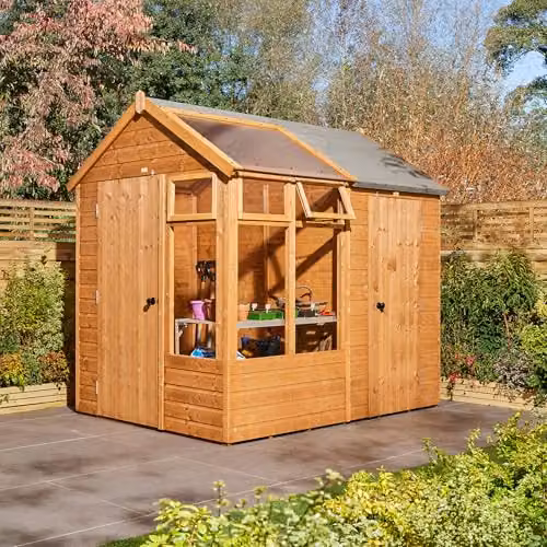Rowlinson 6x8 Growhouse With Store in Brown with Polycarbonate Windows and Wood Construction