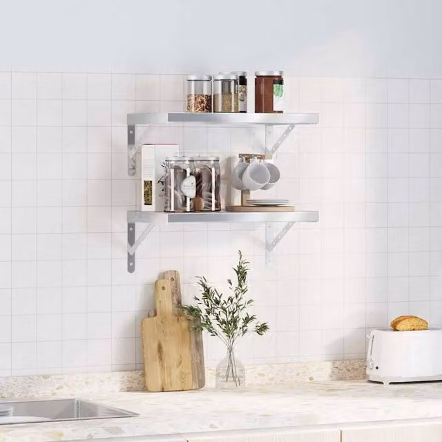 Berkfield Home Silver Stainless Steel Wall Mounted Shelves, 2 Pack, W/D/H: 50 x 30 x 3 cm
