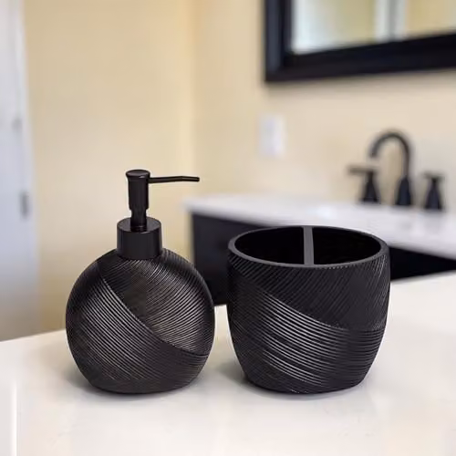 Showerdrape Ripple Black and White Bathroom Accessory Set with Soap Dispenser and Toothbrush Holder – 3
