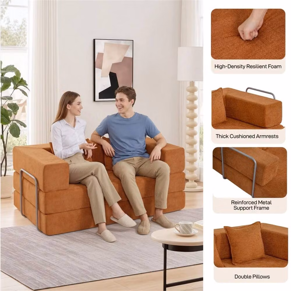 FORGEVIO Orange 2 Seater L-Shape Sectional Sofa Bed with Upholstered Fabric and Foam Filling – 4