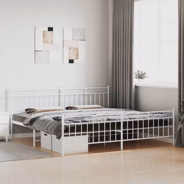 Berkfield Home Metal Bed Frame with Headboard and Footboard in White, W/D/H: 193 x 203 cm