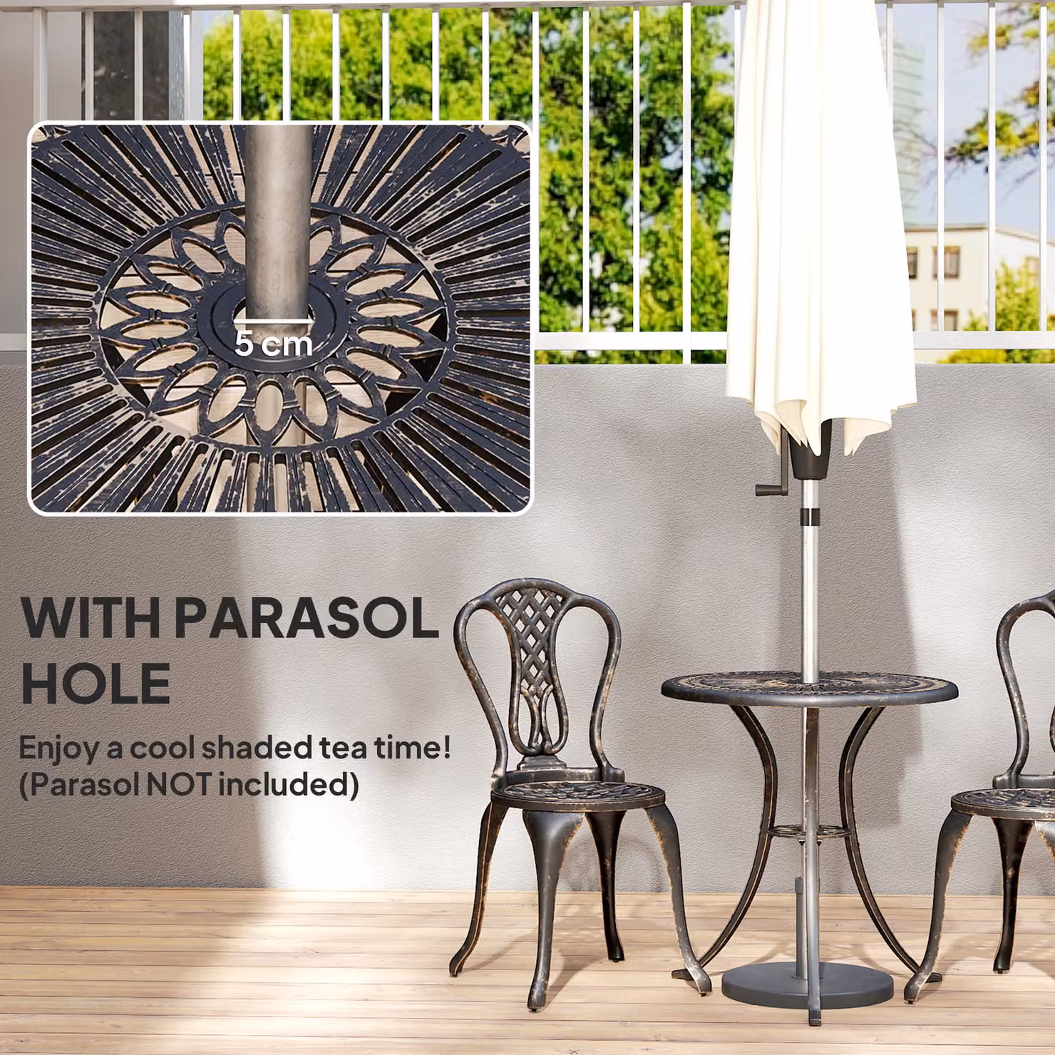 Outsunny Brown Cast Aluminium Outdoor Bistro Set for 2 with Round Table and Umbrella Hole – 3