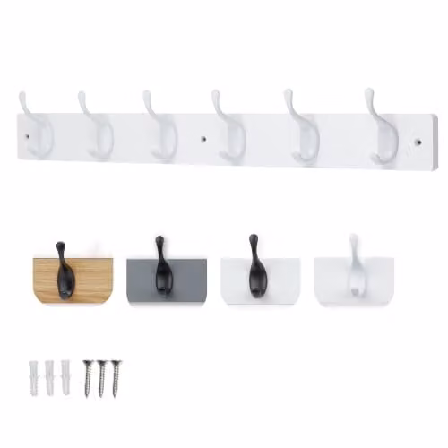 Keypak 6 White Gloss Coat Hooks on White Wooden Board, Width: 68 cm – 1