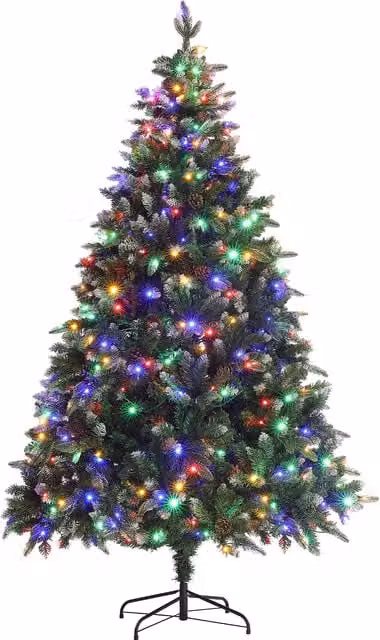 HOMCOM 7ft Prelit Artificial Christmas Tree with Dual Colour LED Lights and 1466 Tips in Green – 1