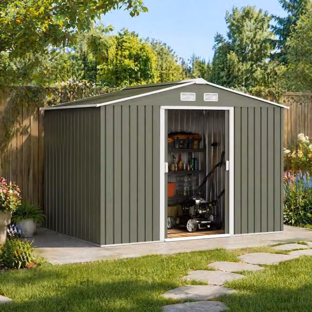 STILVORA Steel Garden Shed with Lockable Double Doors in Light Green – 1