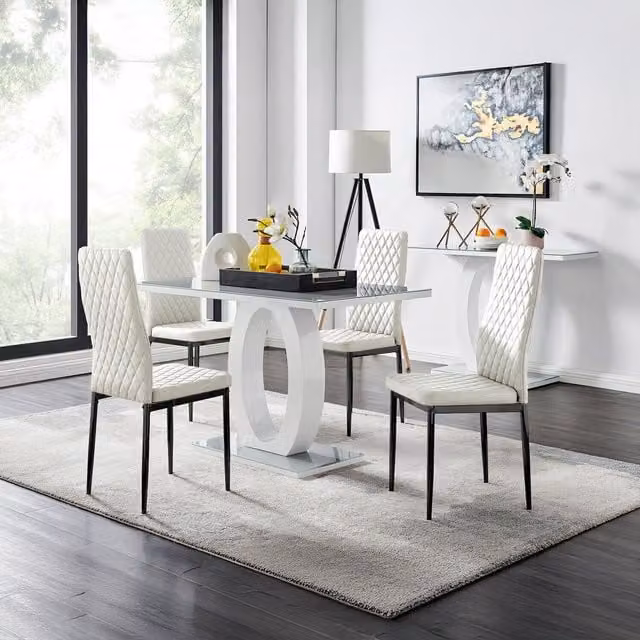 FurnitureboxUK Giovani Grey Glass Dining Table and 4 White Faux Leather Chairs with Black Legs W/D/H: 120 x 70 x 75 cm – 1