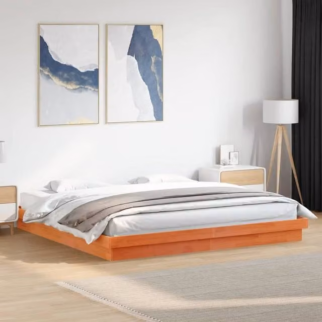 Berkfield Home Solid Wood LED Bed Frame in Wax Brown with USB Charging Port and Under-bed Lighting, W/D/H: 200 x 203.5 x 21 cm – 1