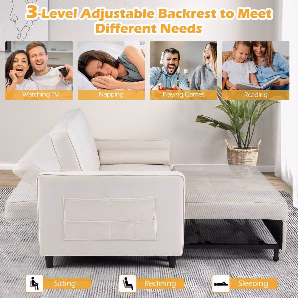 Costway 3-in-1 Convertible Velvet Sleeper Sofa Bed with Pull Out Drawer, Beige – 2