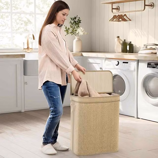 The Bazaarist Bamboo Laundry Hamper with Lid, Removable Cotton Liner and Handles, Beige and Brown