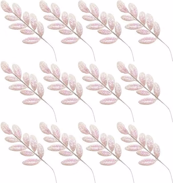 Shatchi 6 Pack Iridescent White Glitter Walnut Leaf Christmas Tree Picks, Height: 35 cm