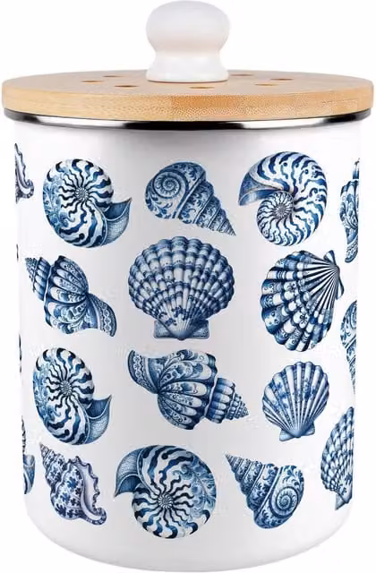 Purely Home Blue Seashells Food Waste Caddy - Enamel Metal Kitchen Compost Bin with Removable Inner Bucket and Odour Filter, 2 L – 1