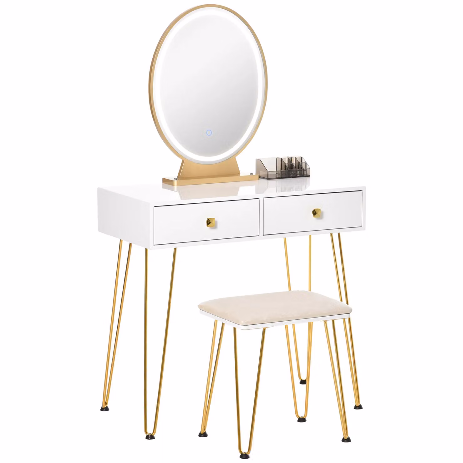 HOMCOM White and Gold Dressing Table Set with Hollywood LED Light, Round Mirror, 2 Drawers and Cushioned Stool – 2