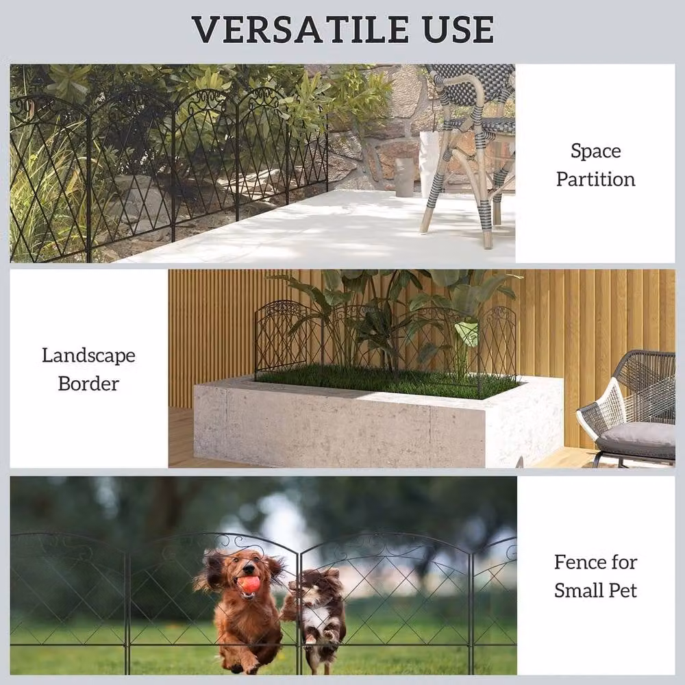 NESTLUNE Black Powder-Coated Metal Palisade Outdoor Picket Fence, H: 80 cm, W: 100 cm – 3