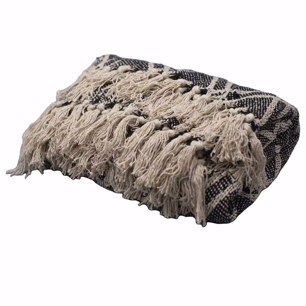 Four Candle Black and Beige Regency Boho Woven Cotton Throw with Tassels W: 150 cm, D: 125 cm – 2