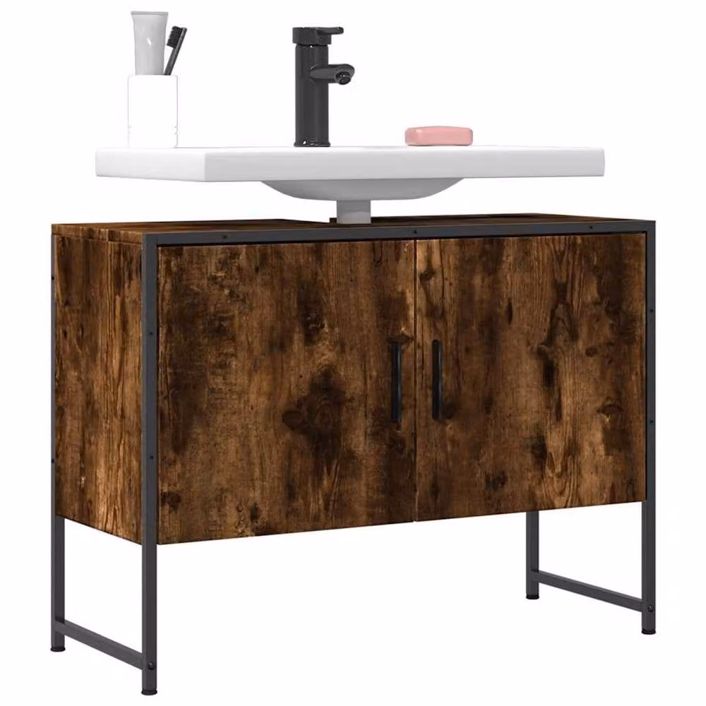 Berkfield Home Smoked Oak Wall Mounted Bathroom Sink Cabinet, Brown, W: 80 cm, D: 33 cm, H: 60 cm – 1