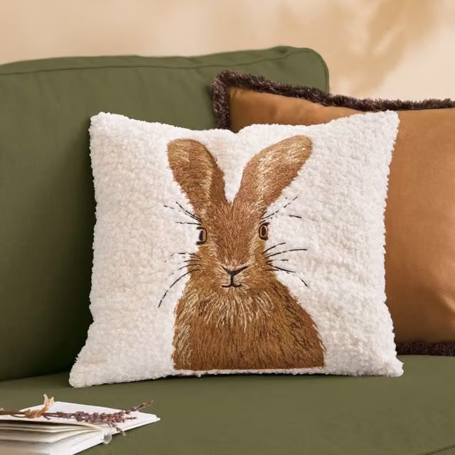 Evans Lichfield Beige Boucle Hare Embroidered Square Cushion, W/D/H: 45 x 45 x 45 cm