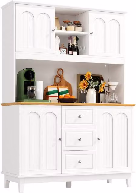 Merax White Pantry Cabinet Kitchen Dresser with Integrated LED Lighting and Adjustable Shelves, W/D/H: 120 x 40 x 180 cm