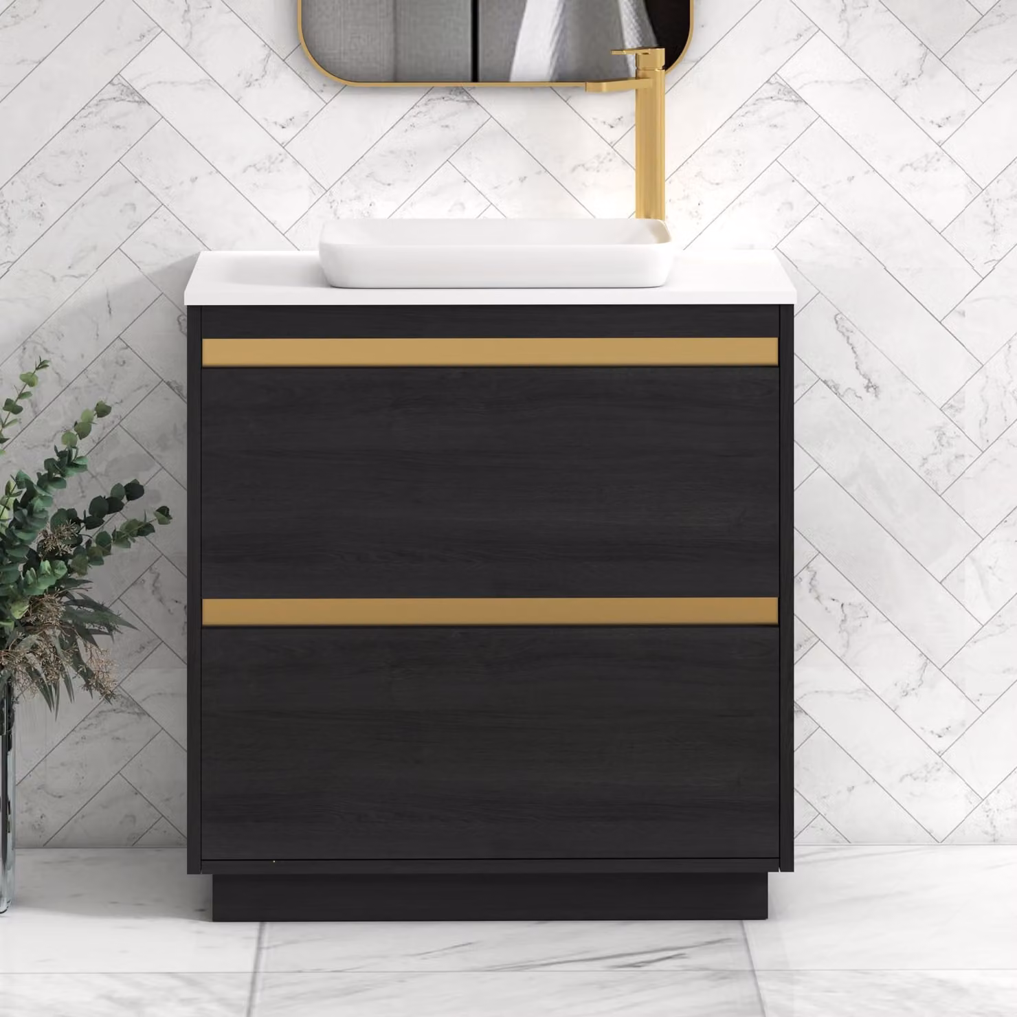 Royal Bathrooms Orion 800mm Hale Black and White Floor Standing Vanity Unit with Qubix Basin and Brushed Brass Accent Trim