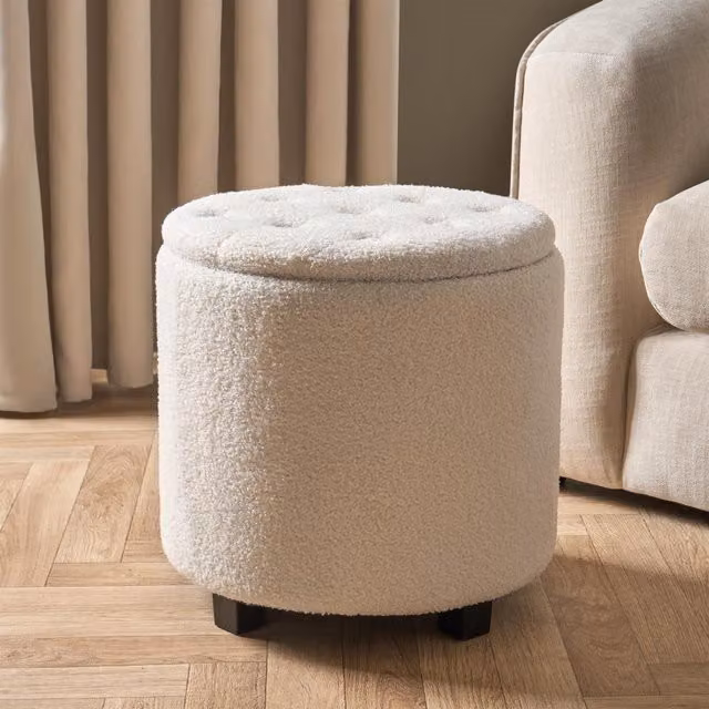 OHS Boucle Fleece Storage Ottoman Stool and Vanity Seat in Cream