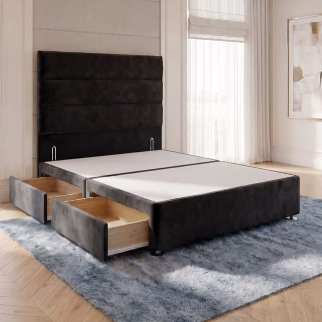 Horizona Black Velvet Divan Bed Base with 54 inch Floor Standing Headboard and 2 Drawers, W/D/H: 90 x 190 x 34.5 cm