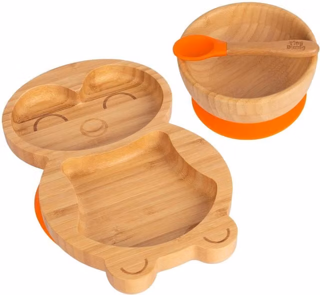 Tiny Dining Children's Bamboo and Silicone Penguin Dinner Set in Orange