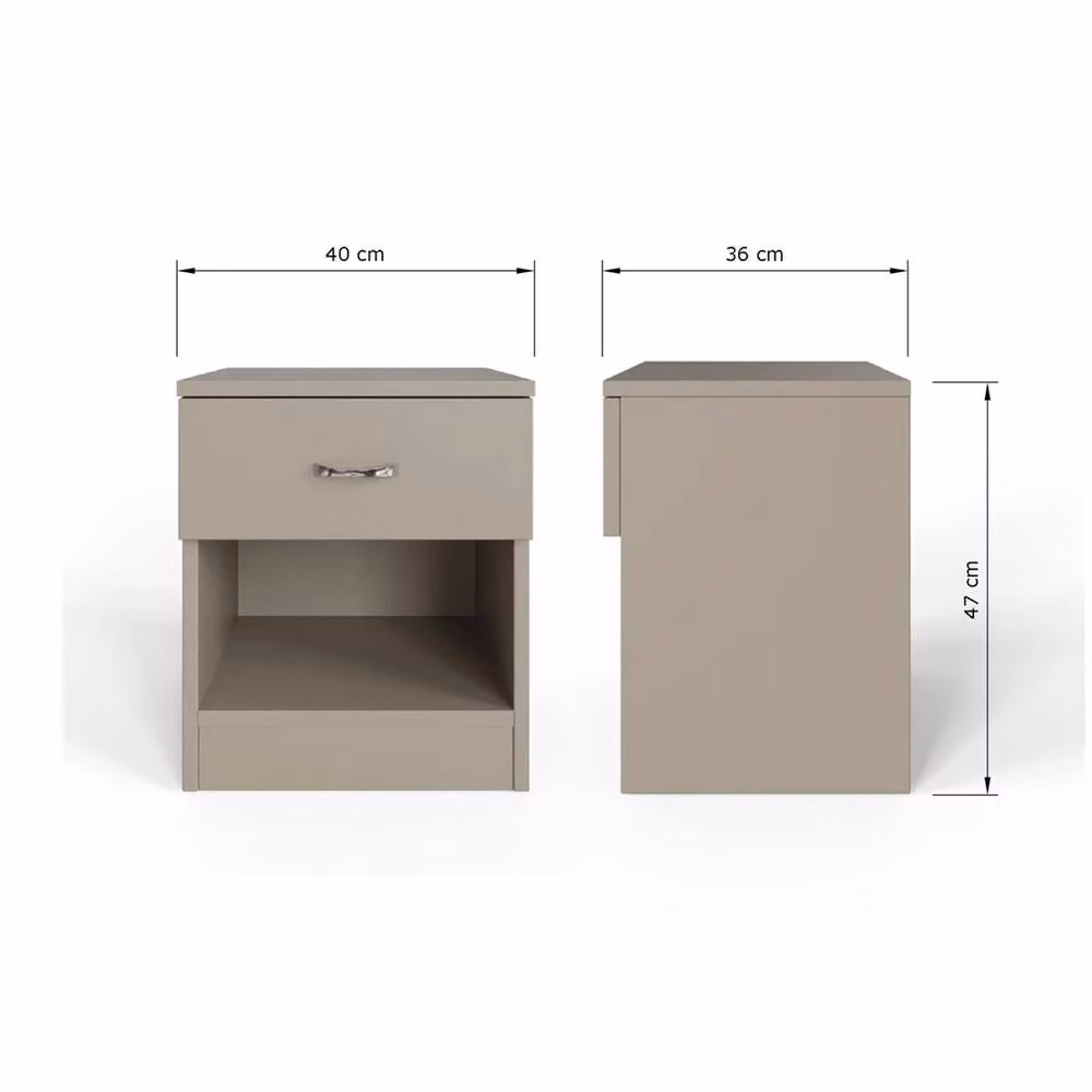 Nordara Set of 2 Putty Bedside Tables in Grey with Chrome Handles, Open Shelf and Deep Drawer – 2