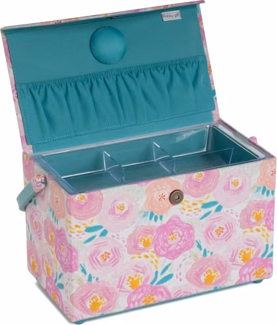 HobbyGift Sewing Box with Fold Over Lid and PVC Handle in Floral Dream Pink, W/D/H: 18.5 x 16.5 x 16.5 cm