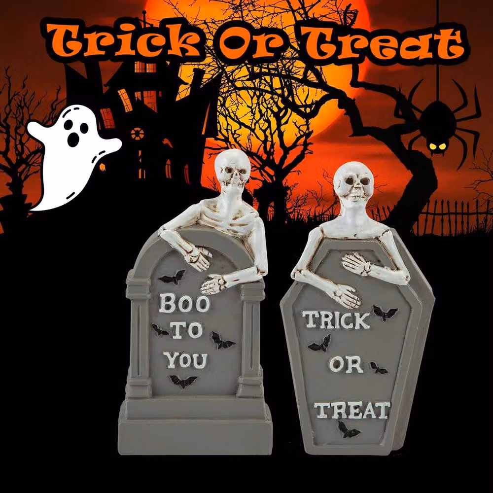 VFM e-Store Halloween Tombstone Skeletons Trick Or Treat-Boo-Spooky 2 Pack in Grey – 3