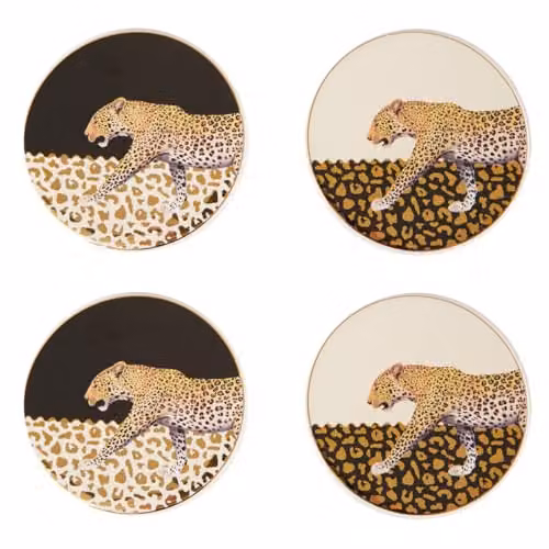 Orsina Set of 4 Round Stoneware Coasters in Black, White and Gold Leopard Design