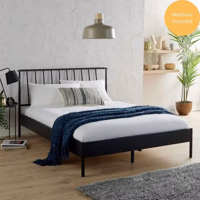 Home Source Modern Metal Frame Bed and Hybrid Mattress in Black, Size: 180 x 200 cm – 1