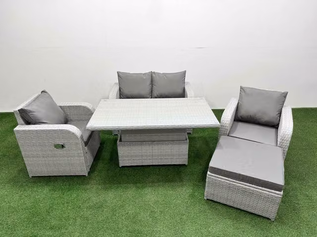 Fimous 5 Seater Light Grey PE Wicker Rattan Garden Furniture Set with Reclining Chairs, Footstool and Adjustable Table