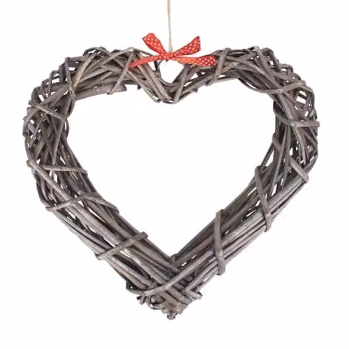 Red Hamper Wicker Heart Wreath with Red Dotted Ribbon in Grey, H28 x W6 x D30 cm – 1