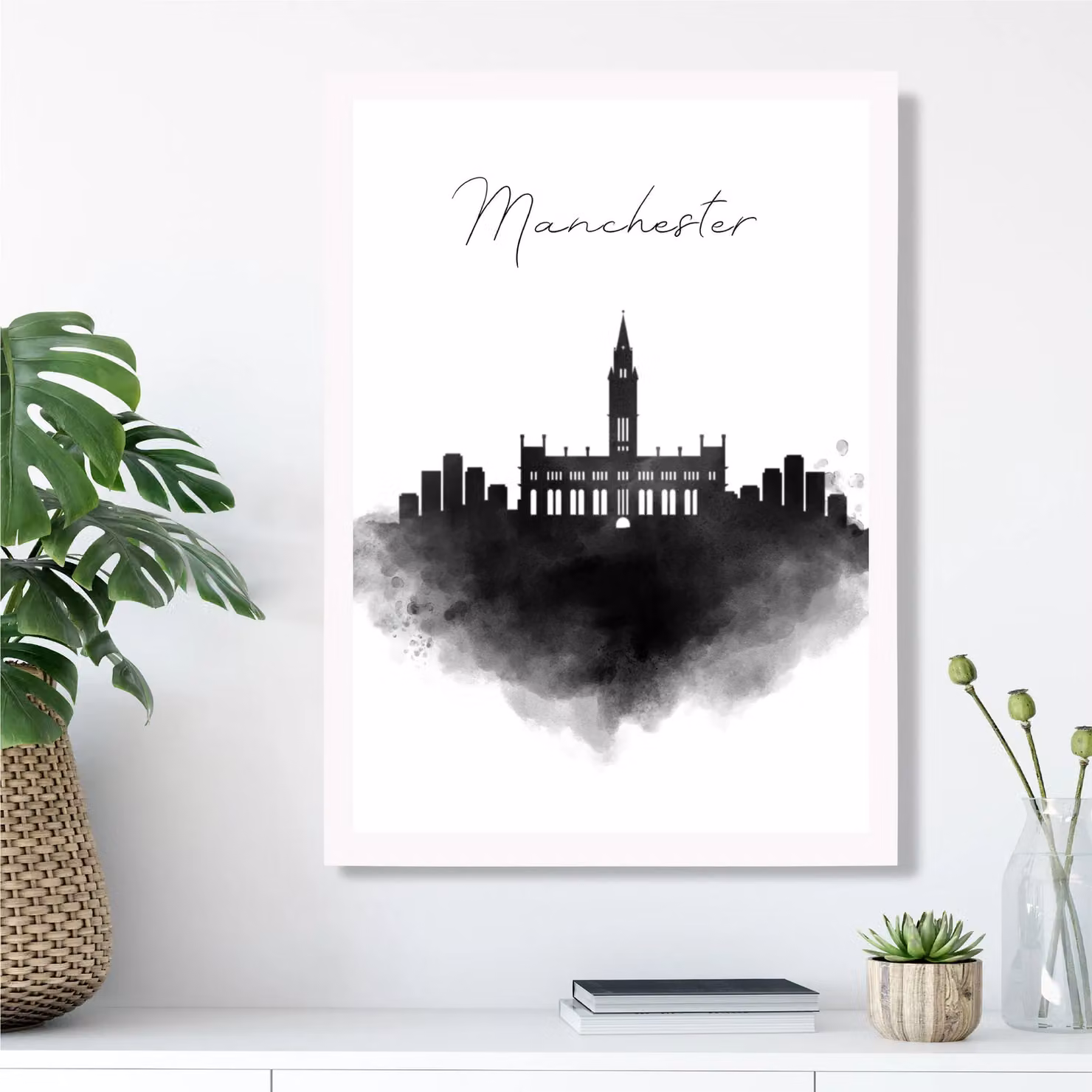 ARTZE Manchester Watercolour Skyline City Framed Print, Black and White, A4 (21.0 x 29.7 cm) – 2