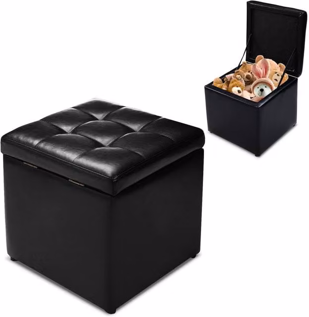 Costway Black Synthetic Leather Storage Stool with Lid