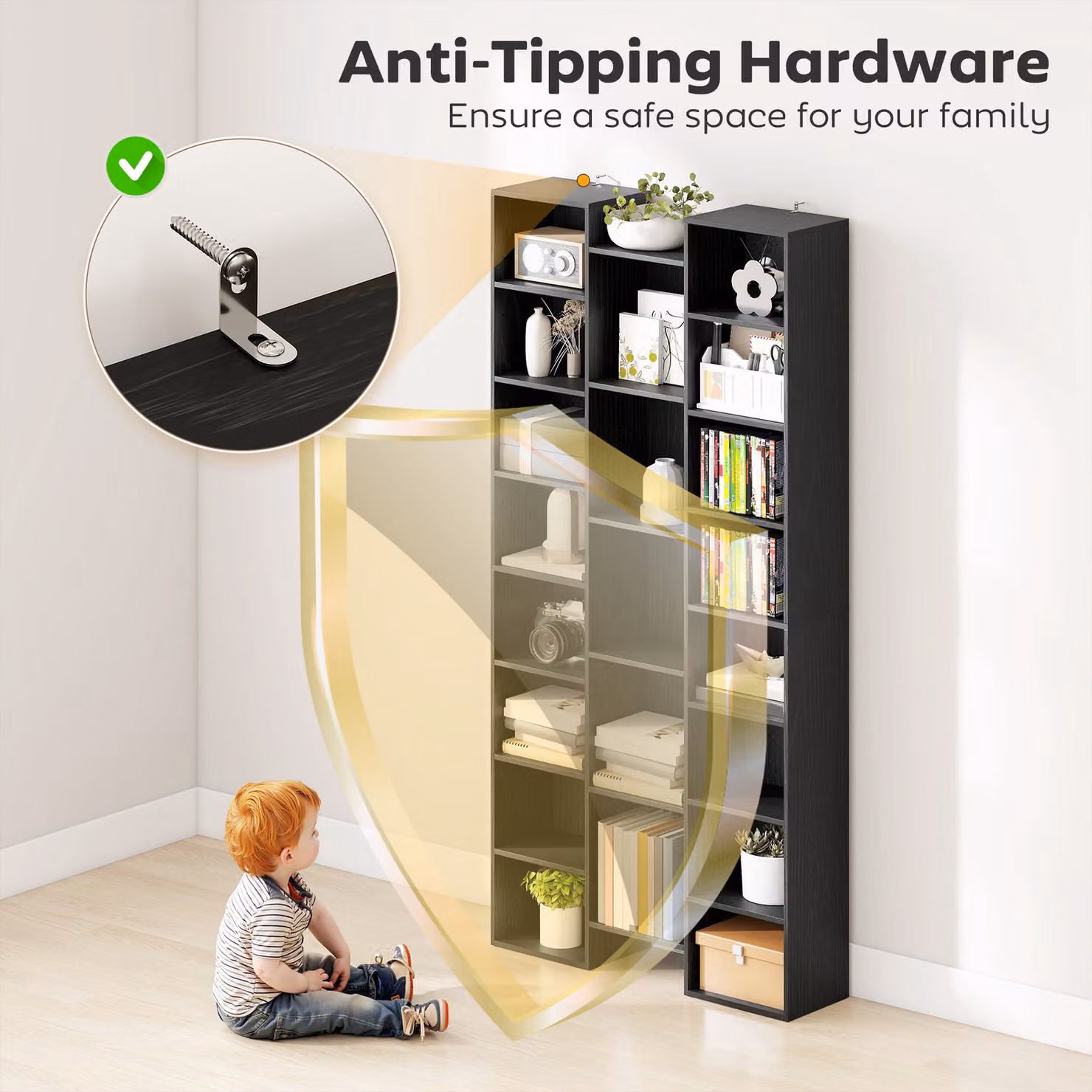 HOMCOM 21-Compartment Modern Black Wood Freestanding Bookshelf with Adjustable Shelves and Back Panel – 6